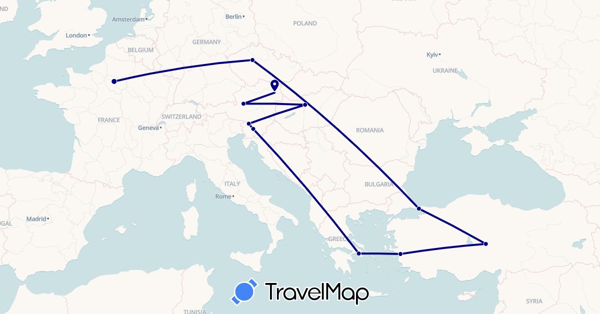 TravelMap itinerary: driving in Austria, Czech Republic, France, Greece, Slovenia, Turkey (Asia, Europe)