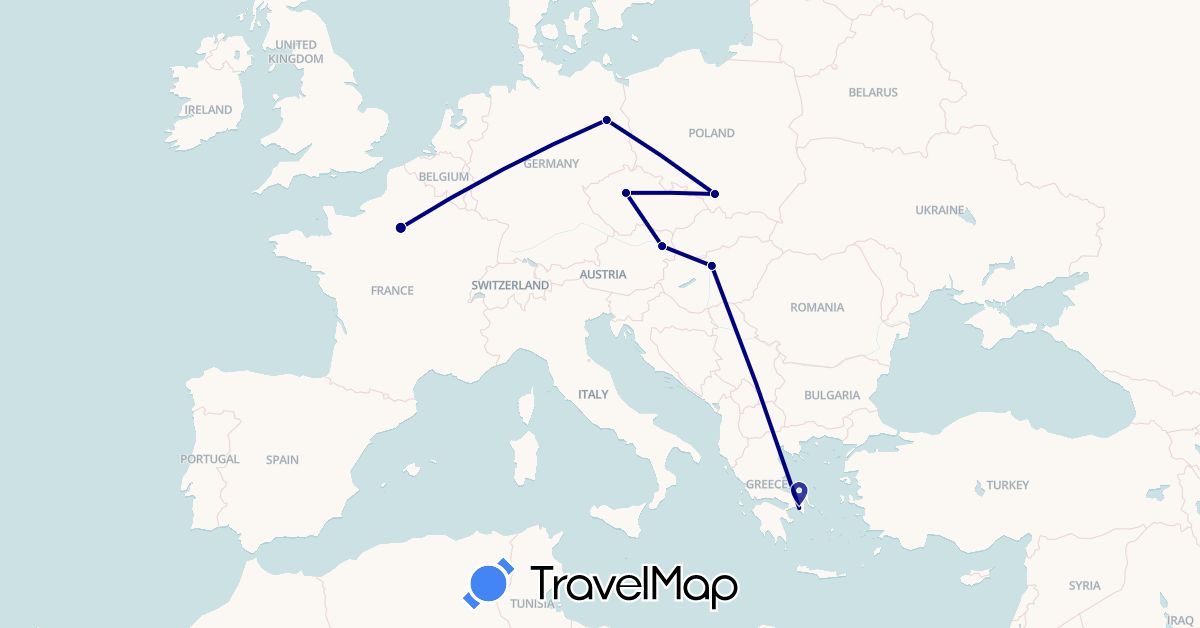 TravelMap itinerary: driving in Austria, Czech Republic, Germany, France, Greece, Hungary, Poland (Europe)